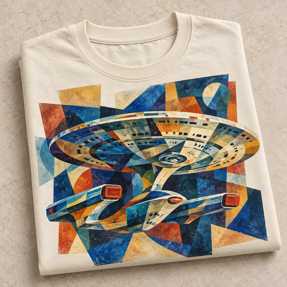 Folded Enterprise-D T-shirt featuring a Cubism art print