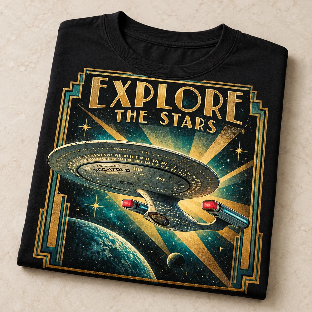 Folded Enterprise-D T-shirt featuring an Art Deco art print