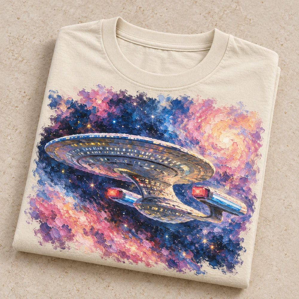 Folded Enterprise-D T-shirt featuring an Impressionism art print