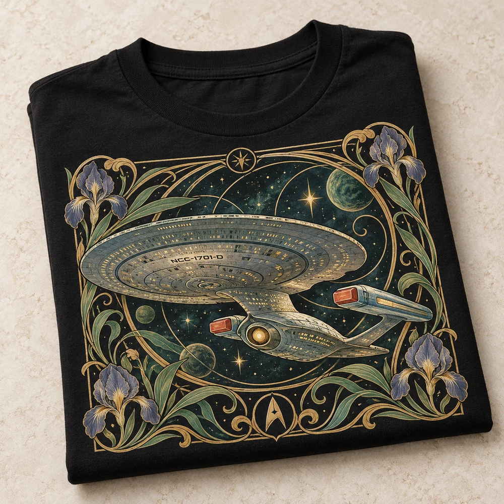 Folded Enterprise-D T-shirt featuring an Art Nouveau art print