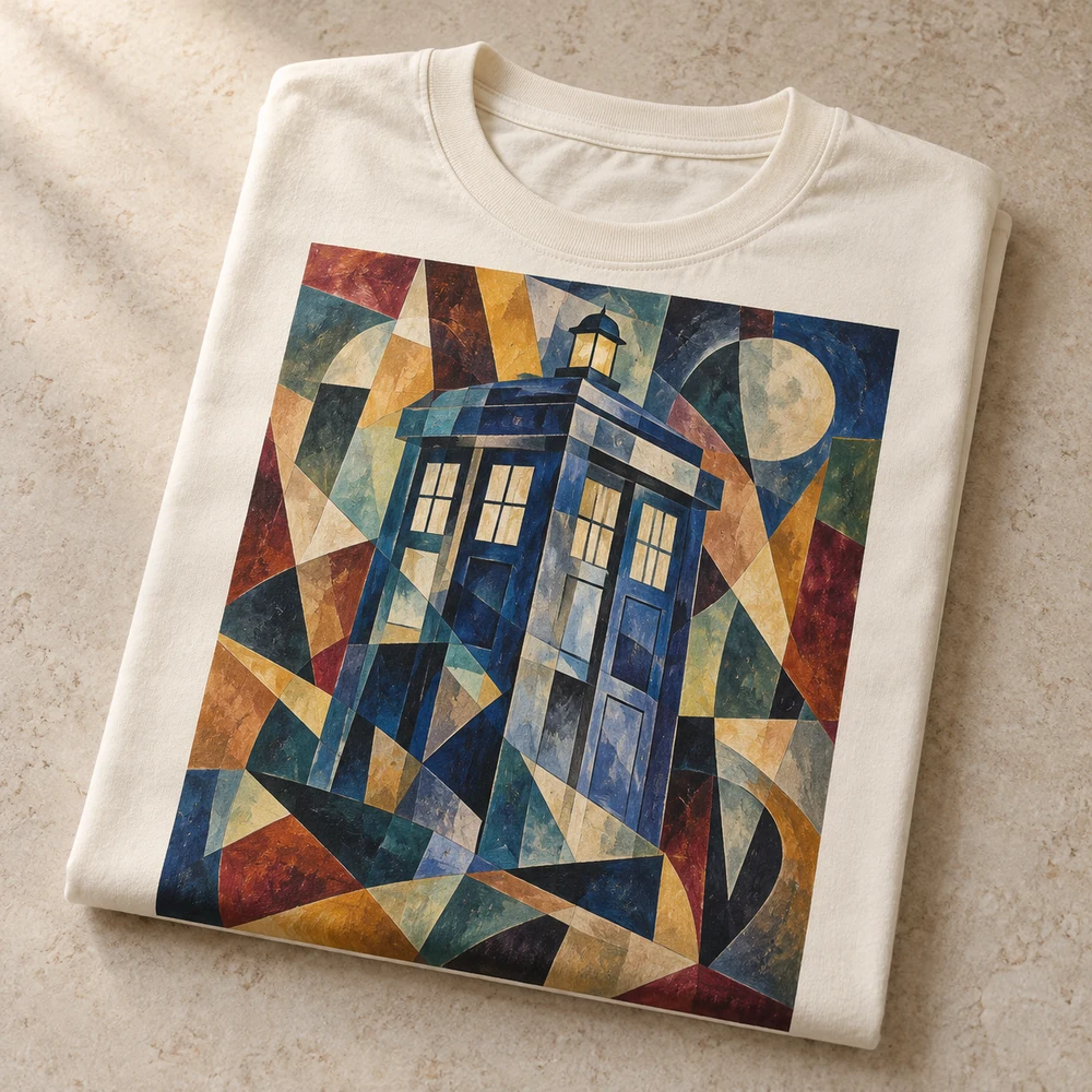 Folded TARDIS T-shirt featuring a Cubism art print