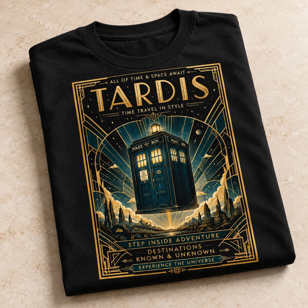 Folded TARDIS T-shirt featuring an Art Deco art print