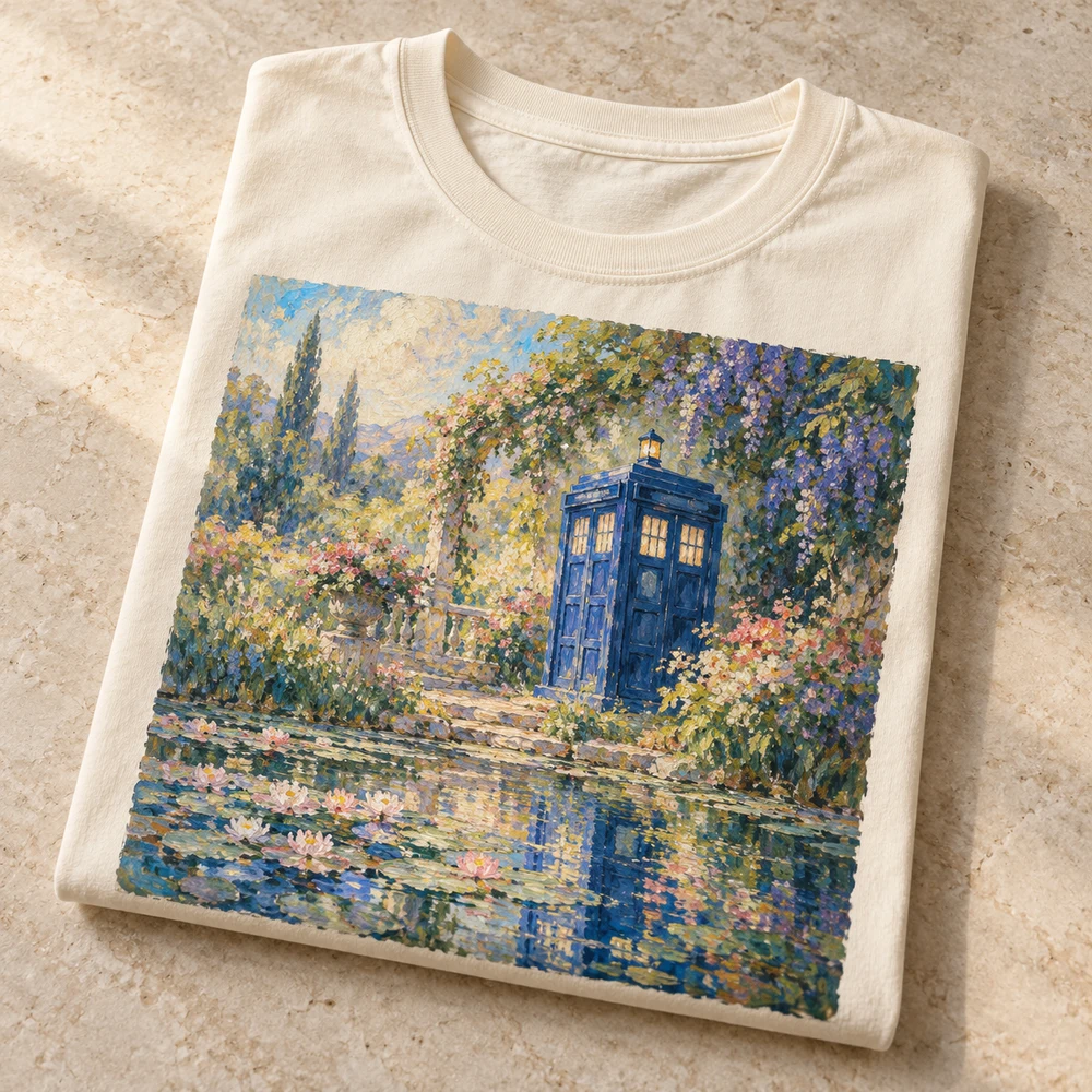 Folded TARDIS T-shirt featuring an Impressionism art print