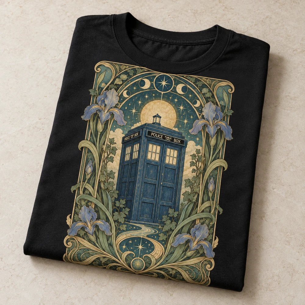 Folded TARDIS T-shirt featuring an Art Nouveau art print