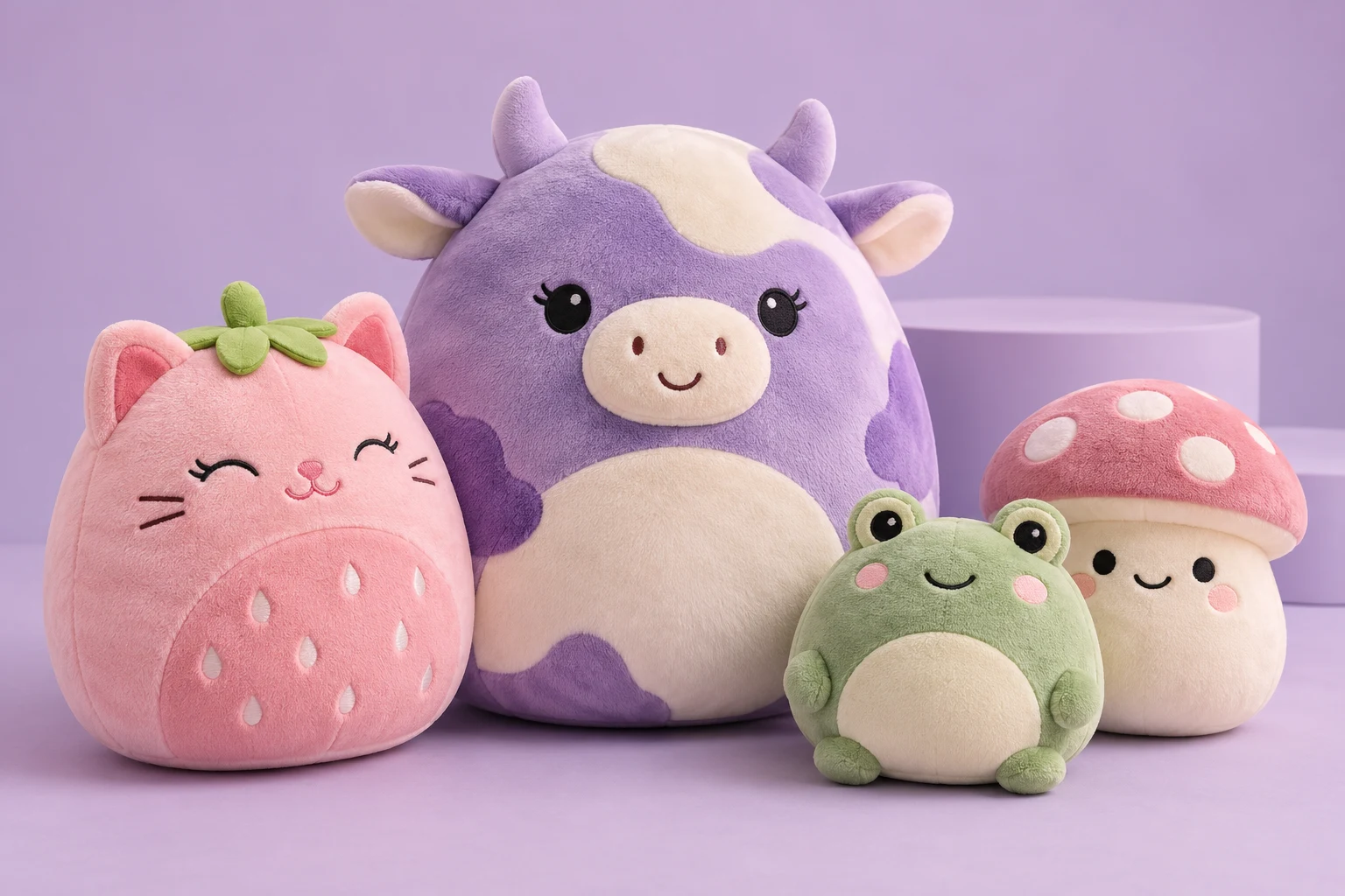 A colorful gathering of soft plush characters