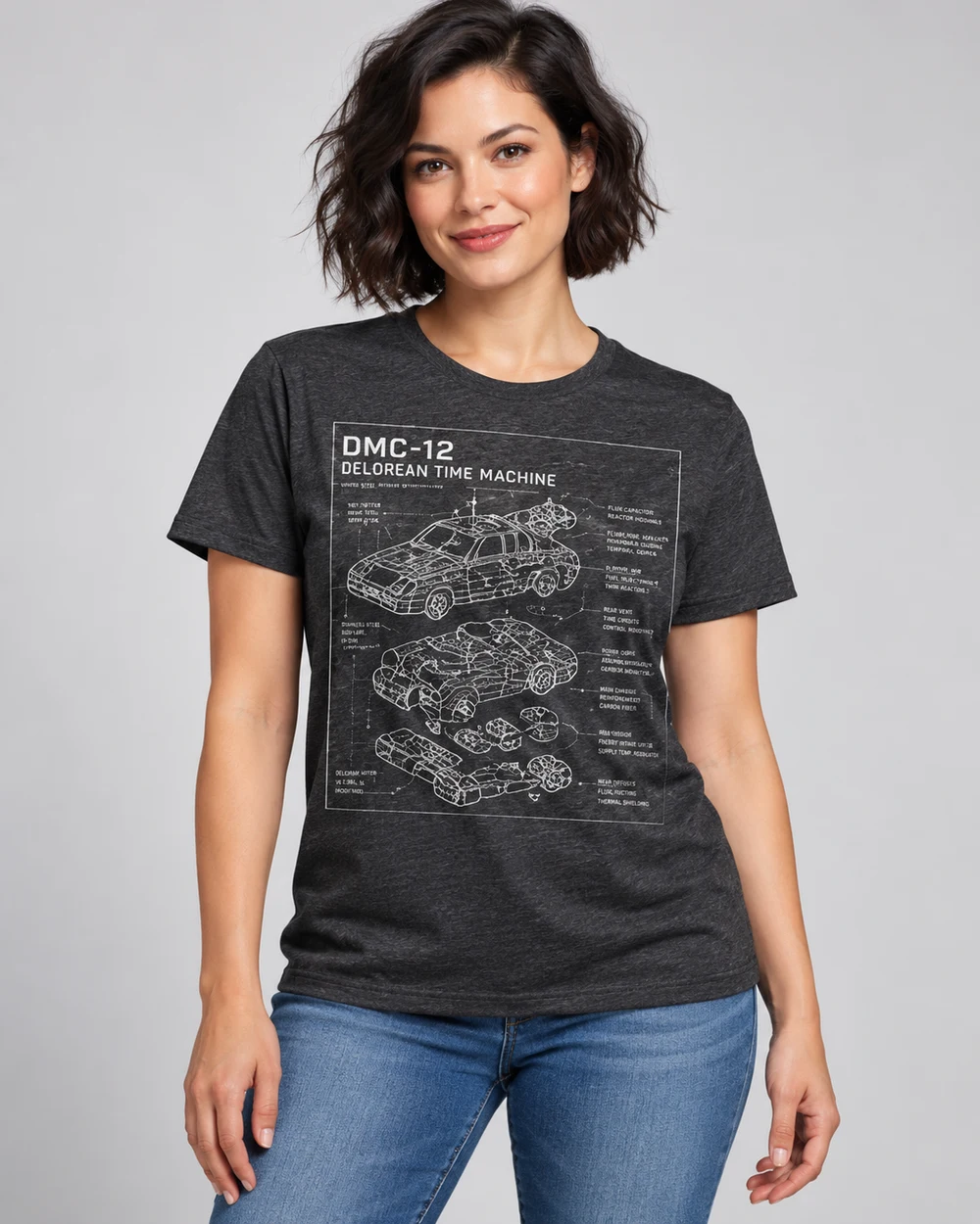 Model wearing the DMC-12 DeLorean exploded-view Techthreads shirt
