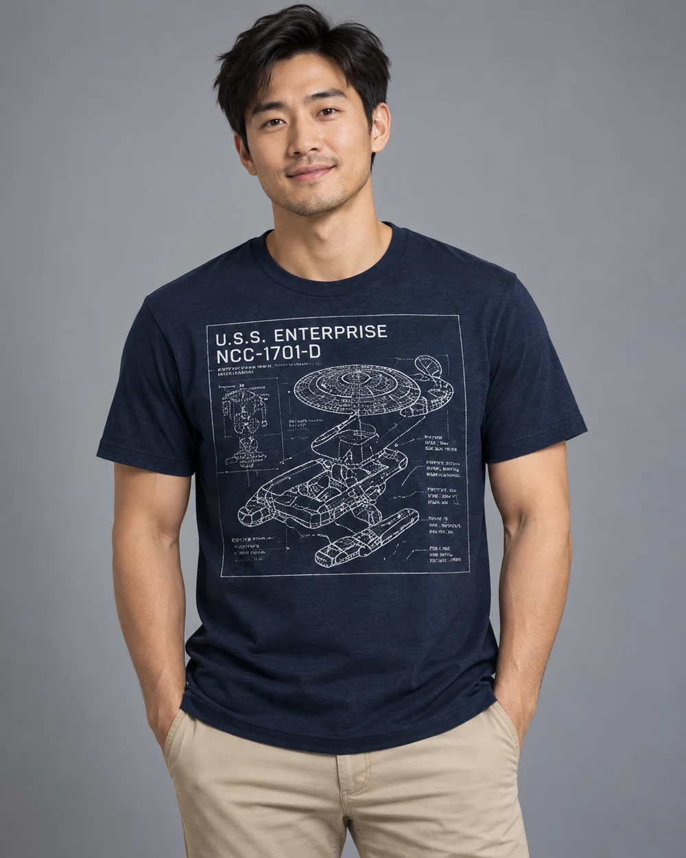 Model wearing the Enterprise-D diagram shirt