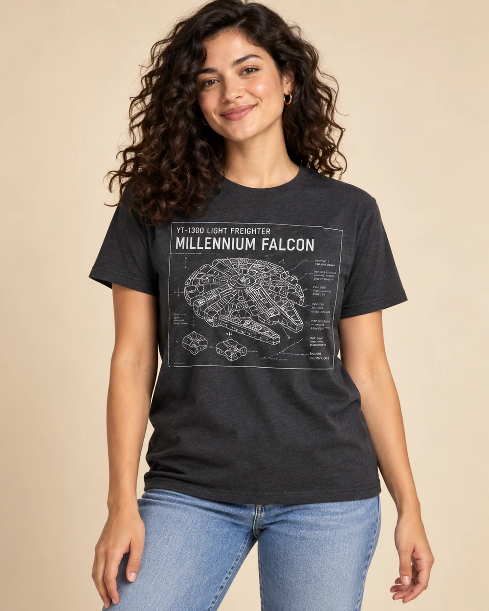 Model wearing the Millennium Falcon exploded-view Techthreads shirt