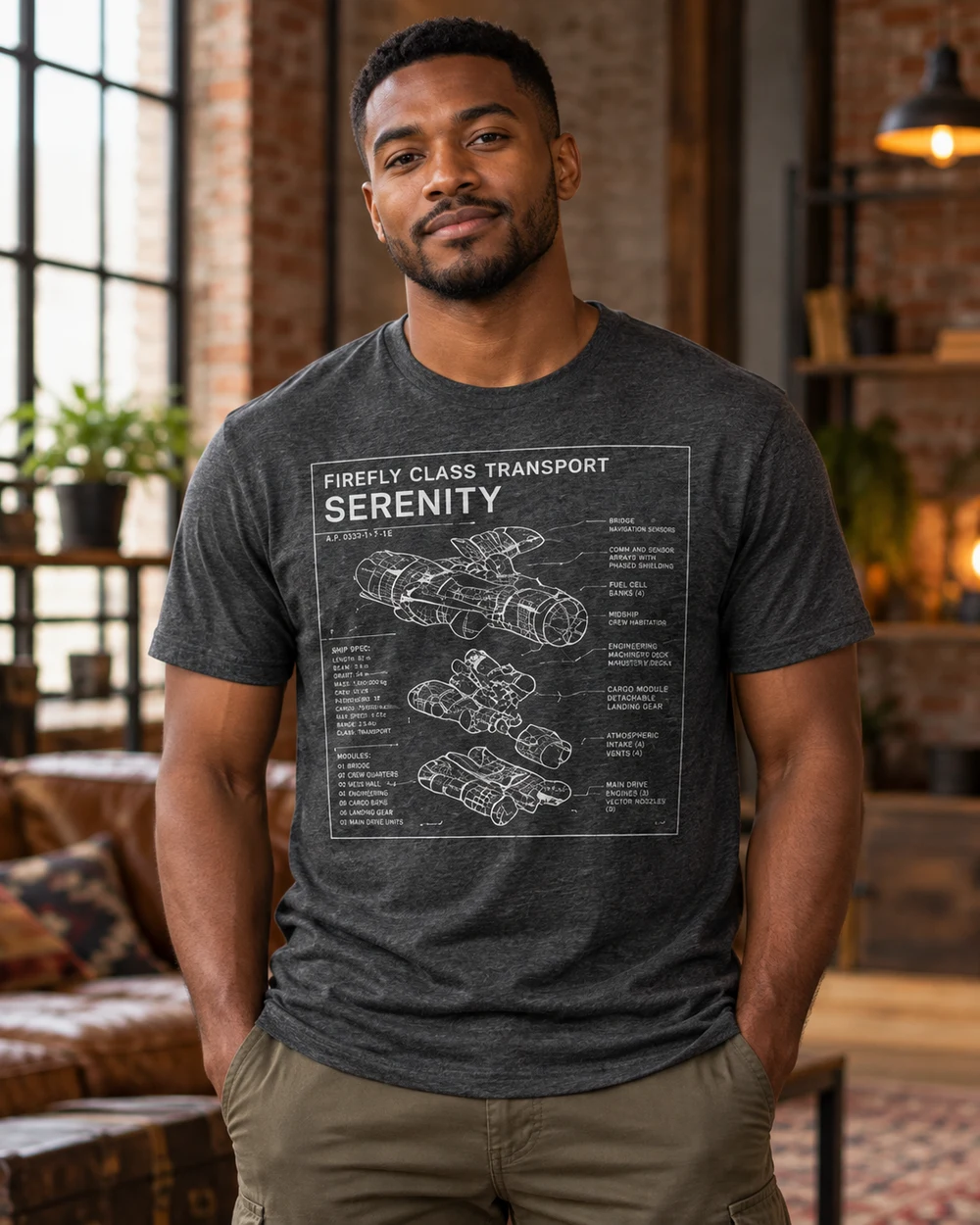Model wearing the Serenity diagram shirt