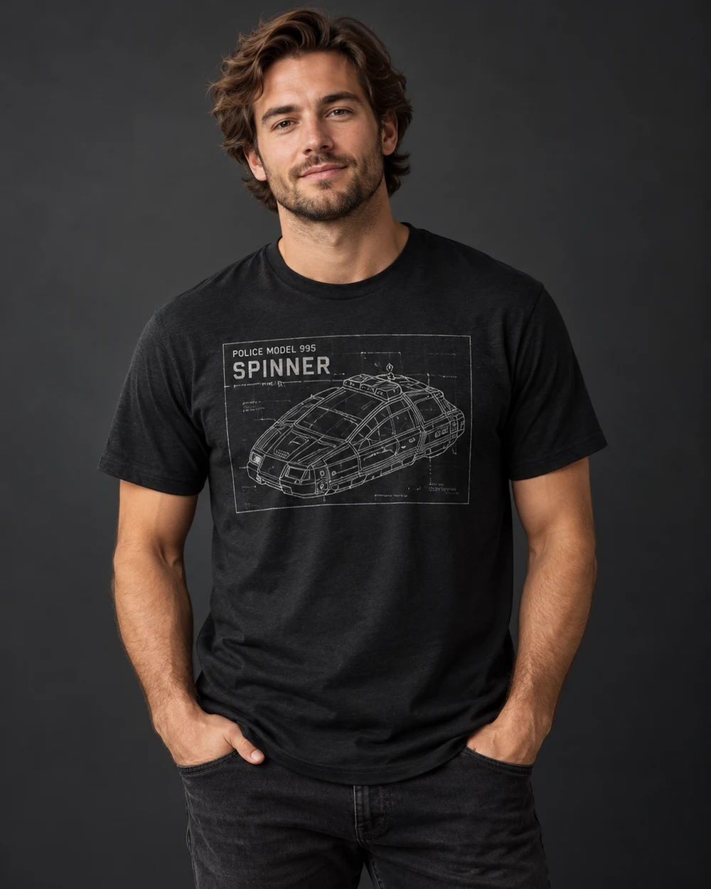 Model wearing the Spinner exploded-view Techthreads shirt