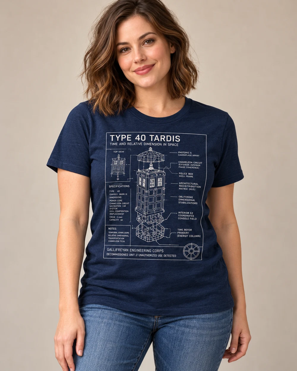 Model wearing the TARDIS diagram shirt