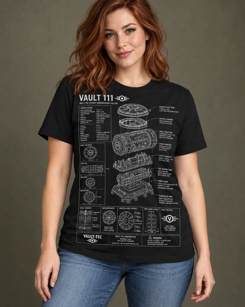 Model wearing the Vault 111 exploded-view Techthreads shirt